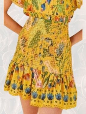 FARM Rio Yellow Tropical Smocked Mini Skirt Ruffle Hem Size S